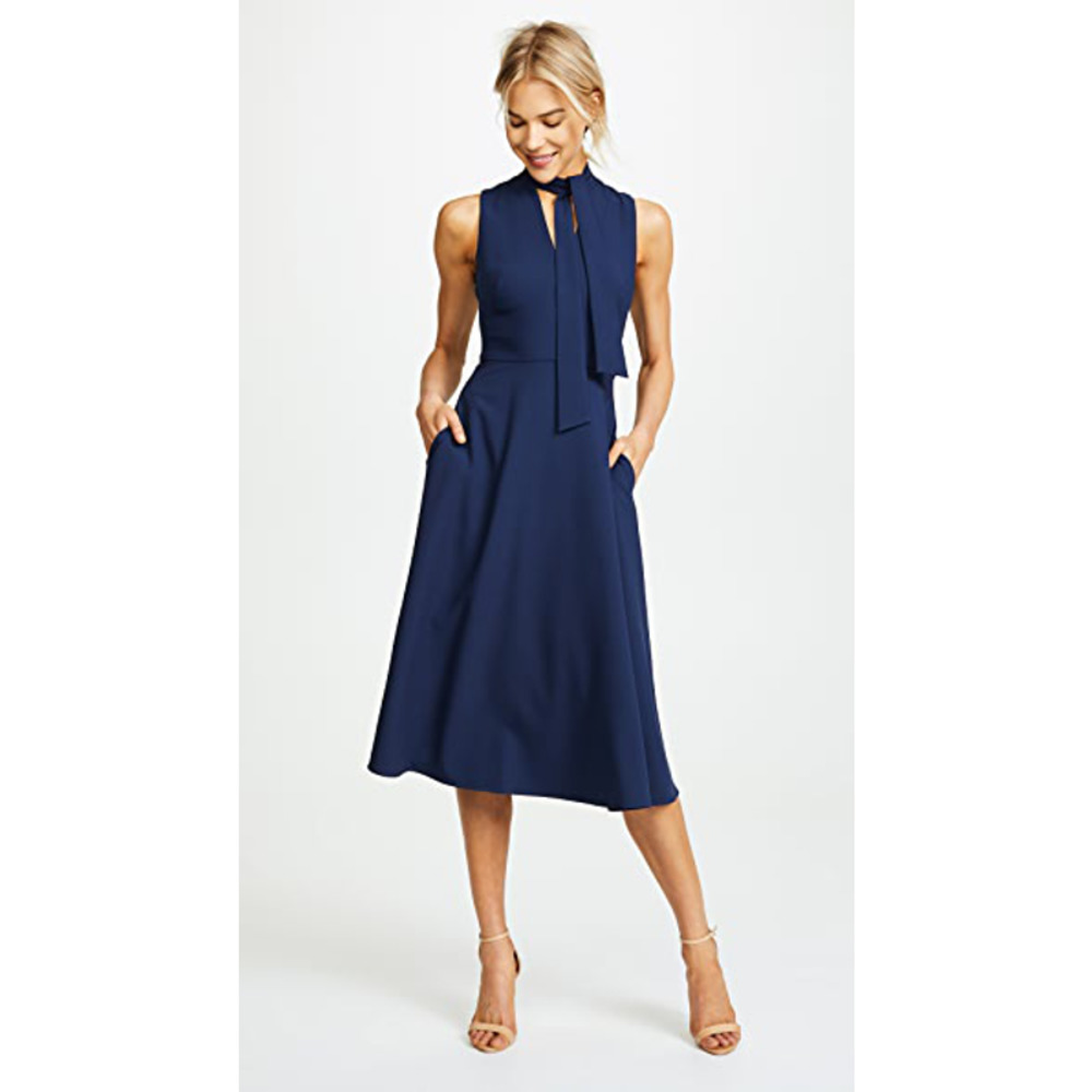 Black Halo Navy Blue Midi Dress with Neck Tie